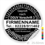Prüfzertifikat nach DGUV Vorschrift 3 mit Firmennamen, Telefonnummer und Adresse. Gezeigt wird ein Prüfintervall mit Farbcodierung für die nächste Prüfung, Durchmesser von 25-50 mm.