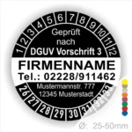 Rundes Prüfzeichen mit der Aufschrift "Geprüft nach DGUV Vorschrift 3", Platz für Firmennamen, Telefonnummer und Adresse, Größe von 25-50mm.
