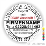 Alt-Text: Rundes Prüfzeichen mit der Aufschrift "Geprüft nach DGUV Vorschrift 3", Firmennamen und Kontaktdaten. Angabe der Adresse und eines Durchmessers von 25-50 mm.