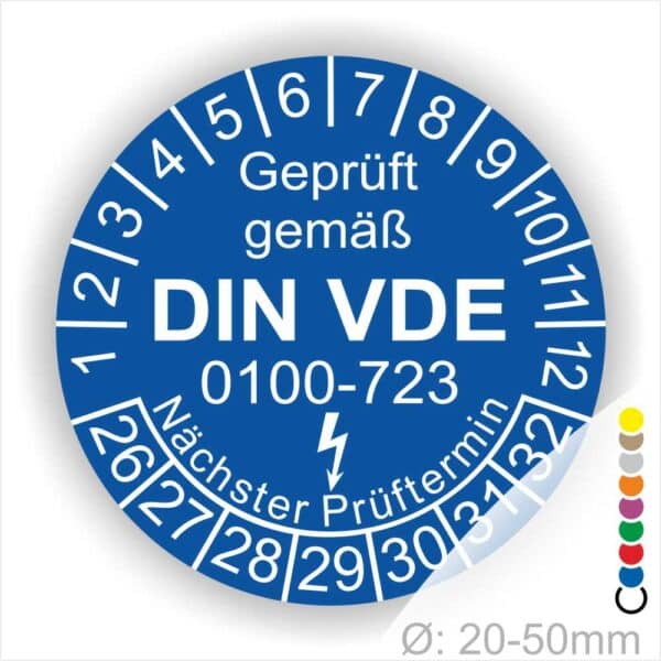 Prüfplakette, Prüfetikette rund, Farbe- Blau, Text "Geprüft gemäß VDE 0100-0723" in Weiß danach ein Elektro- Pfeil in Weiß, Startjahr- 26, Monatszahlen Oben und Jahreszahlen Unten in Kreisform. Über den Jahreszahlen Text "Nächster Prüftermin"