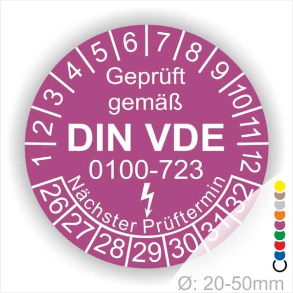 Prüfetiketten rund, Farbe- Lila, Text "Geprüft gemäß VDE 0100-0723" in Weiß danach ein Elektro- Pfeil in Weiß, Startjahr- 26, Monatszahlen Oben und Jahreszahlen Unten in Kreisform. Über den Jahreszahlen Text "Nächster Prüftermin"