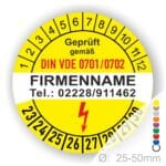Gemäß VDE 0701-0702 - Prüfplaketten Firmeaufdruck weiß