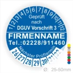 Blaue Prüfplakette gemäß DGUV Vorschrift 3 mit Platz für Firmennamen und Kontaktdaten, zeigt den nächsten Prüftermin und hat einen Durchmesser von 25-50 mm.
