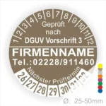 Prüfsiegel gemäß DGUV Vorschrift 3, personalisiert mit Firmennamen und Kontaktnummer. Zeigt den nächsten Prüftermin und ist für Durchmesser von 25-50mm geeignet.