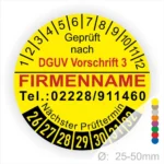 Gelbes Prüfzeichen nach DGUV Vorschrift 3 mit Platz für Firmennamen und Telefonnummer, zeigt nächsten Prüftermin an. Durchmesser von 25-50 mm.
