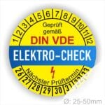 Prüfetiketten, Prüfplaketten rund, Farbe- Gelb in der Mitte ein Streifen in Blau, Text oberer Teil "Geprüft gemäß DIN-VDE" in Schwarz. Mittig Streifen in Rot mit dem Text " ELEKTRO-CHECK", danach Elektropfeil in Rot Startjahr- 26, Monatszahlen Oben und Jahreszahlen Unten in Kreisform. Über den Jahreszahlen Text "Nächster Prüftermin"