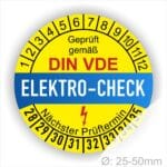 Prüfetiketten, Prüfplaketten rund, Farbe- Gelb in der Mitte ein Streifen in Blau, Text oberer Teil "Geprüft gemäß DIN-VDE" in Schwarz. Mittig Streifen in Rot mit dem Text " ELEKTRO-CHECK", danach Elektropfeil in Rot Startjahr- 28, Monatszahlen Oben und Jahreszahlen Unten in Kreisform. Über den Jahreszahlen Text "Nächster Prüftermin"