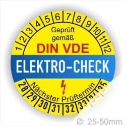 Prüfetiketten, Prüfplaketten rund, Farbe- Gelb in der Mitte ein Streifen in Blau, Text oberer Teil "Geprüft gemäß DIN-VDE" in Schwarz. Mittig Streifen in Rot mit dem Text " ELEKTRO-CHECK", danach Elektropfeil in Rot Startjahr- 28, Monatszahlen Oben und Jahreszahlen Unten in Kreisform. Über den Jahreszahlen Text "Nächster Prüftermin"