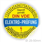 Alt-Text: Prüfaufkleber für Elektrogeräte gemäß DIN VDE, zeigt den nächsten Prüftermin und einen Durchmesser von 25-50 mm.
