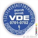 Prüfplaketten rund, Text "geprüft gemäß VDE 0701-0702" Farbe- Blau Startjahr- 25 mit Elektro Pfeil, Monatszahlen Oben und Jahreszahlen Unten