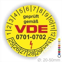 Prüfplaketten rund, Text "geprüft gemäß VDE 0701-0702" Farbe- Gelb Startjahr- 25 mit Elektro Pfeil, Monatszahlen Oben und Jahreszahlen Unten