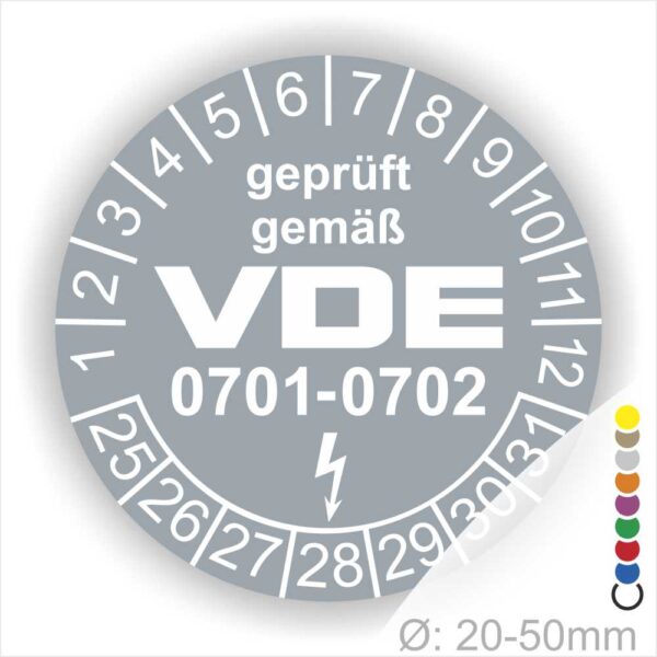 Prüfplaketten rund, Text "geprüft gemäß VDE 0701-0702" Farbe- Grau Startjahr- 25 mit Elektro Pfeil, Monatszahlen Oben und Jahreszahlen Unten