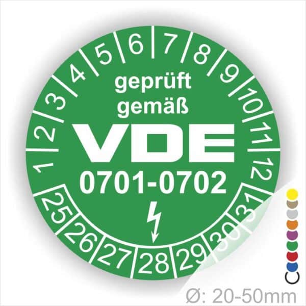 Prüfplaketten rund, Text "geprüft gemäß VDE 0701-0702" Farbe- Grün Startjahr- 25 mit Elektro Pfeil, Monatszahlen Oben und Jahreszahlen Unten