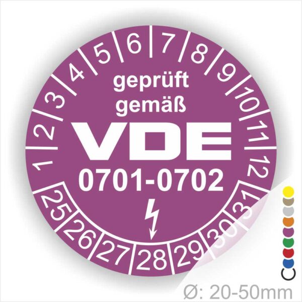 Prüfplaketten rund, Text "geprüft gemäß VDE 0701-0702" Farbe- Lila Startjahr- 25 mit Elektro Pfeil, Monatszahlen Oben und Jahreszahlen Unten