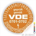 Prüfplaketten rund, Text "geprüft gemäß VDE 0701-0702" Farbe- Orange Startjahr- 25 mit Elektro Pfeil, Monatszahlen Oben und Jahreszahlen Unten