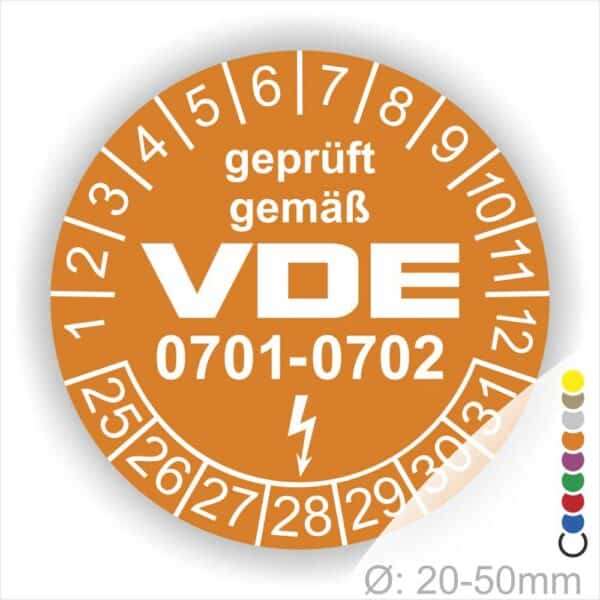 Prüfplaketten rund, Text "geprüft gemäß VDE 0701-0702" Farbe- Orange Startjahr- 25 mit Elektro Pfeil, Monatszahlen Oben und Jahreszahlen Unten