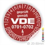 Prüfplaketten rund, Text "geprüft gemäß VDE 0701-0702" Farbe- Rot Startjahr- 25 mit Elektro Pfeil, Monatszahlen Oben und Jahreszahlen Unten