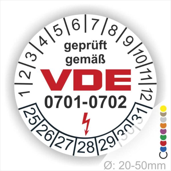 Prüfplaketten rund, Text "geprüft gemäß VDE 0701-0702" Farbe- Weiß Startjahr- 24 mit Elektro Pfeil, Monatszahlen Oben und Jahreszahlen Unten
