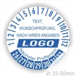 Individuelle Prüfplakette mit Wunschtext und Logo, Monats- und Jahresring, runde Prüfplakette zur freien Prüfkennzeichnung mit nächstem Prüftermin, Durchmesser 25–50 mm