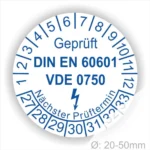 Runde weiß-blaue Prüfplakette „Geprüft DIN EN 60601 VDE 0750“ für Medizinprodukte mit Monatsring und Jahresring, Blitzsymbol und Aufdruck „Nächster Prüftermin“, Ø 20–50 mm
