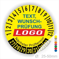 Gelbes Prüfplakett mit Zahlen von 1 bis 12, Platz für individuellen Text und Logo, Hinweis auf nächsten Prüftermin, Durchmesser zwischen 25 und 50 mm.