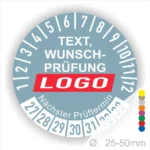 Wunschprüfungs-Logo mit Prüfintervall und Farbcodierung, Durchmesser 25-50 mm, für individuelle Anpassungen und nächste Prüftermine.