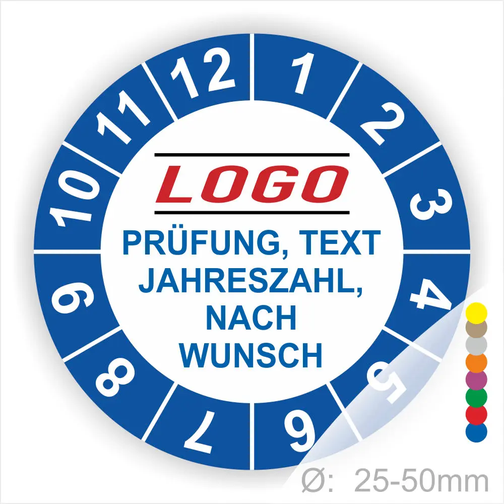 pruefplakette-wunschtext-logo-firmenname-pruefaufkleber-25-50mm-startjahr-27-plin-0009-blau Bunte Prüfplakette mit individuell gestaltbarem Text, Jahreszahl und Logo, Durchmesser 25-50 mm, ideal für Prüfungen und Wartungen.