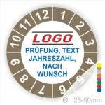 Alt-Text: Individuelles Prüfzeichen mit Platz für Logo, Text und Jahreszahl, Durchmesser von 25-50 mm, ideal für Sicherheitsprüfungen und Zertifizierungen.
