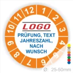 Bild eines Prüfungsmarkers mit einem Durchmesser von 25-50 mm, der anpassbaren Text, Jahreszahlen und ein Logo bietet. Ideal für Prüfungen und Zertifikate.