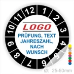 Runder Aufkleber mit individuellem Design für Prüfungen, inklusive Logo, Text und Jahreszahl nach Wunsch, Durchmesser 25-50mm.