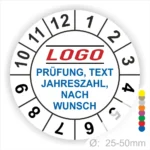 Runder Prüfaufkleber mit individuellem Text und Jahreszahl, Durchmesser von 25-50 mm, geeignet für verschiedene Anwendungen.