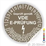 VDE E-Prüfungsaufkleber mit Prüfdatum und nächstem Prüftermin, geeignet für Geräte mit einem Durchmesser von 20-50 mm.
