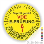 Runder gelber VDE E-Prüfung Prüfaufkleber mit Monats- und Tagesring, Blitzsymbol und Aufdruck „Nächster Prüftermin“, Durchmesser 20–50 mm