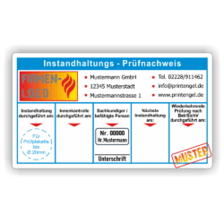 Instandhaltungsnachweis blau Firmenaufdruck und Sachkündiger Nr.