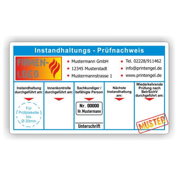 Instandhaltungsnachweis blau Firmenaufdruck und Sachkündiger Nr.