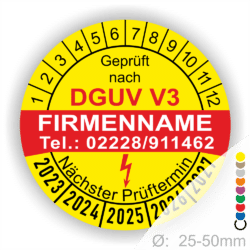 Prüfsiegel nach DGUV V3 mit Kontaktdaten und nächstem Prüftermin, geeignet für Geräte mit einem Durchmesser von 25-50 mm.