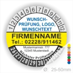 Runde gelbe Prüfplakette mit personalisierbarem Firmenname, Logo und Wunschtext. Mit Monats- und Jahresring zur Markierung des nächsten Prüftermins, geeignet für Wartung, Sicherheitsprüfung und Betriebsmittelkennzeichnung.