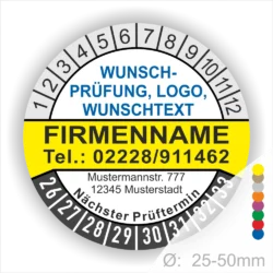 Runde gelbe Prüfplakette mit personalisierbarem Firmenname, Logo und Wunschtext. Mit Monats- und Jahresring zur Markierung des nächsten Prüftermins, geeignet für Wartung, Sicherheitsprüfung und Betriebsmittelkennzeichnung.