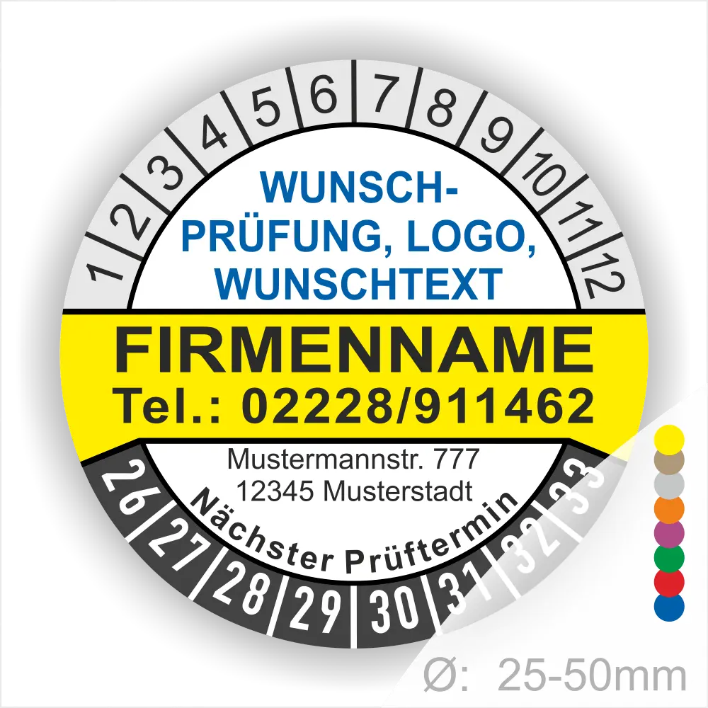 PLIN0001-Prüfplakette-Wunsch-Prüfung-Text-LOGO-Farbe-gelb Runde gelbe Prüfplakette mit personalisierbarem Firmenname, Logo und Wunschtext. Mit Monats- und Jahresring zur Markierung des nächsten Prüftermins, geeignet für Wartung, Sicherheitsprüfung und Betriebsmittelkennzeichnung.