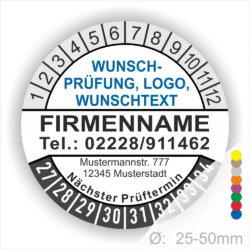 Runde weisse Prüfplakette mit personalisierbarem Firmenname, Logo und Wunschtext. Mit Monats- und Jahresring zur Markierung des nächsten Prüftermins, geeignet für Wartung, Sicherheitsprüfung und Betriebsmittelkennzeichnung.