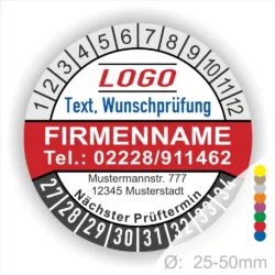 Rote runde Prüfplakette mit Monats- und Jahresring, individuell bedruckbar mit Firmenname, Telefonnummer, Logo und Wunschprüfung. Selbstklebendes Prüfetikett zur Kennzeichnung von Wartung und nächstem Prüftermin.