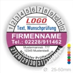 Runder Prüfaufkleber mit Platz für Logo, Firmenname, Kontaktdaten und nächsten Prüftermin. Durchmesser von 25-50 mm, geeignet für individuelle Anpassungen.