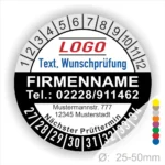 Runder Prüfaufkleber mit Platz für Logo, Firmennamen, Telefonnummer und Adresse. Enthält Informationen zur nächsten Prüfzeit und Durchmesser von 25-50 mm. Ideal für individuelle Textanpassungen.