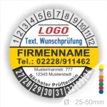 Individuelle Prüfplakette Gelb – personalisierbar mit Logo, Firmenname und Prüftermin