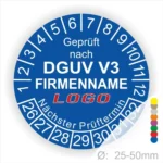 Prüfsiegel gemäß DGUV V3 mit Platz für Firmenname und Logo, zeigt den nächsten Prüftermin und ist für Durchmesser von 25-50 mm geeignet.