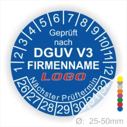 Prüfsiegel gemäß DGUV V3 mit Platz für Firmenname und Logo, zeigt den nächsten Prüftermin und ist für Durchmesser von 25-50 mm geeignet.
