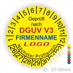 Gelbes Prüfzeichen gemäß DGUV V3 mit Platz für Firmenname und Logo, zeigt nächste Prüftermine und Durchmesser von 25-50 mm an.