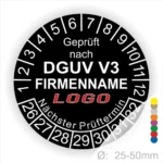 Prüfsiegel nach DGUV V3 mit Platz für Firmenname und Logo, für Geräte mit einem Durchmesser von 25-50 mm, inklusive nächstem Prüftermin.