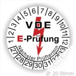 VDE E-Prüfung Prüfschild mit nächstem Prüftermin und Durchmesserangabe von 20-50 mm, um die Sicherheit elektrischer Geräte zu gewährleisten.