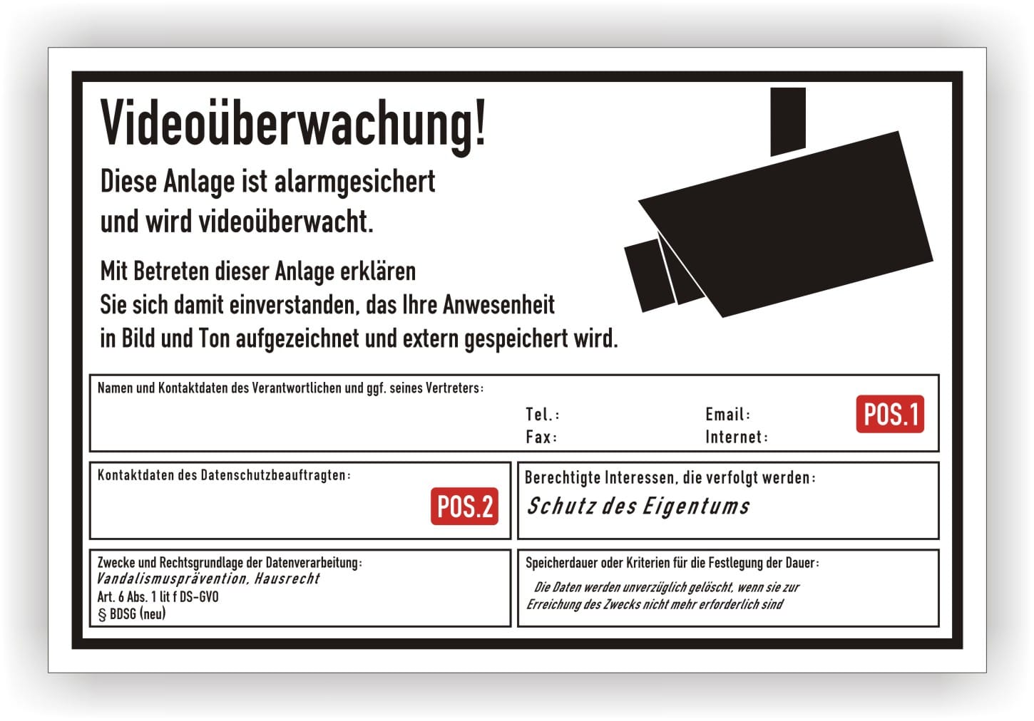 Vorlage für ein Hinweisschild zur Videoüberwachung nach DSGVO